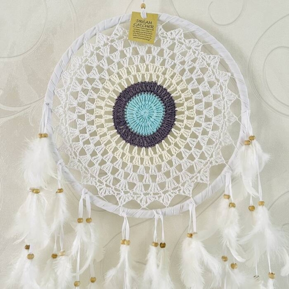 Attrape rêves Mandala Crochet Blanc Bleu Large_Crochet