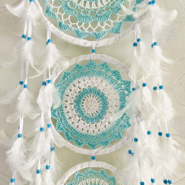 Attrape rêves Trio Mandala Crochet Blanc Bleu ciel Large_centre